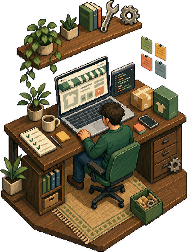 Isometric pixel-art workspace with a developer improving an online shop